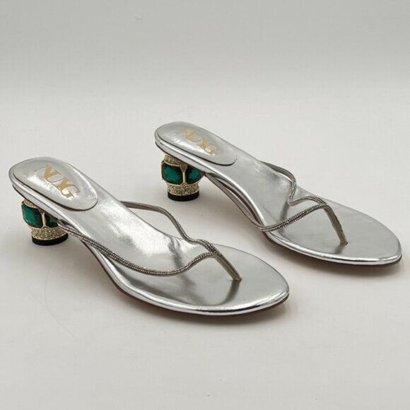 Silver Crystal Mid Heel Sandals Casual Flip Flops Open Toe Daily Wearing Slipper - Picture 4 of 8